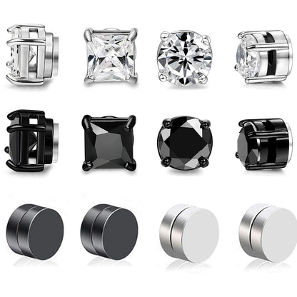 LIUJZZJ 6 Pairs Stainless Steel Magnetic Earrings for Men Women Girls Magnetic Stud Earrings Clips Tunnel Ear Clips Without Ear Hole Non Piercing Earrings Set Black Silver Tone, Stainless Steel
