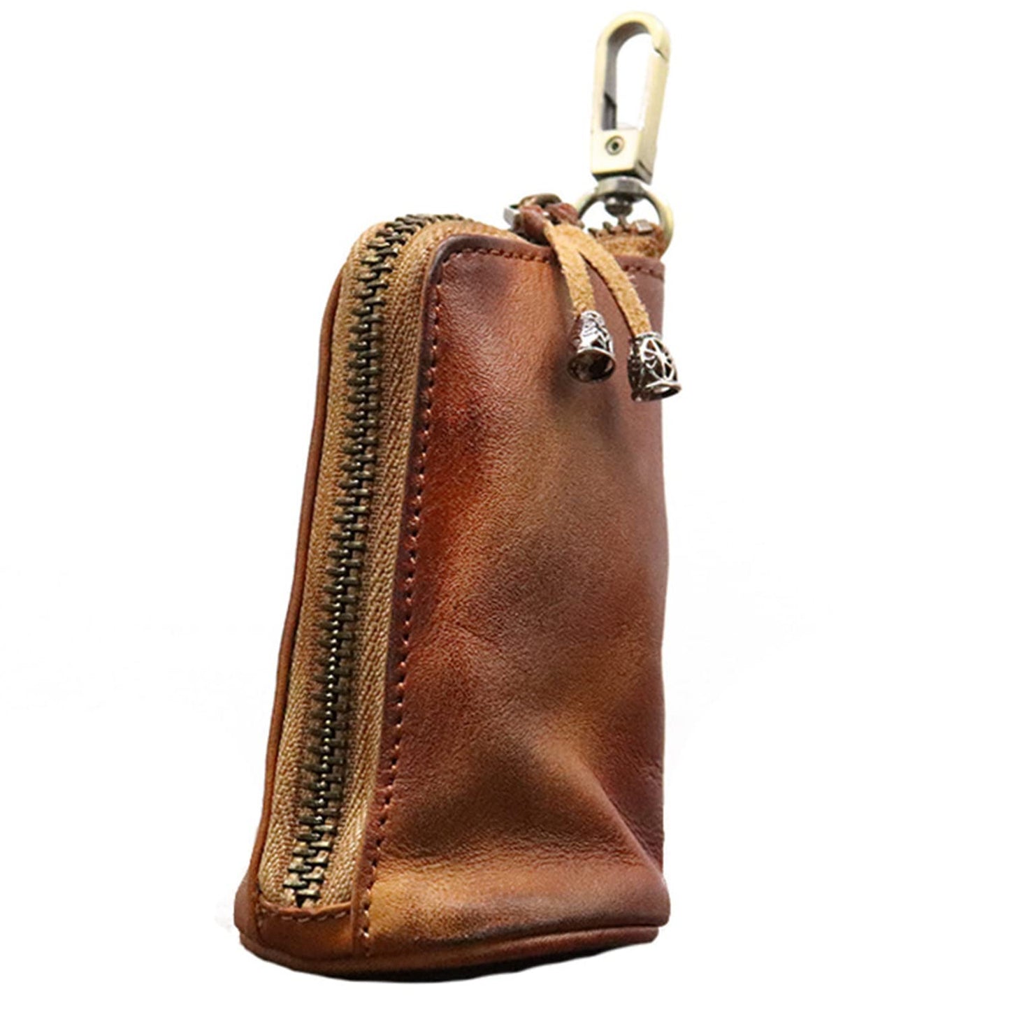 LFWATAXY Medieval Leather Zipper Coin Pouch, Genuine Cowhide Handcrafted Coin Organizer Change Holder Keychain Coin Purse for Men & Women (Brown)