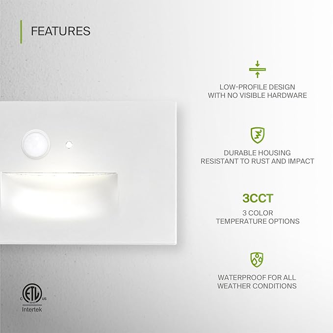ASD LED Recessed Step Light Fixture, Dusk to Dawn Outdoor Tread Lighting | 3CCT, Motion Sensor, Photocell, Waterproof, ETL Listed | 3W 120LM 3000K-5000K 120V | Staircase Illumination | White, 12 Pack