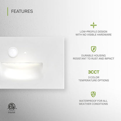 ASD LED Recessed Step Light Fixture, Dusk to Dawn Outdoor Tread Lighting | 3CCT, Motion Sensor, Photocell, Waterproof, ETL Listed | 3W 120LM 3000K-5000K 120V | Staircase Illumination | White, 12 Pack