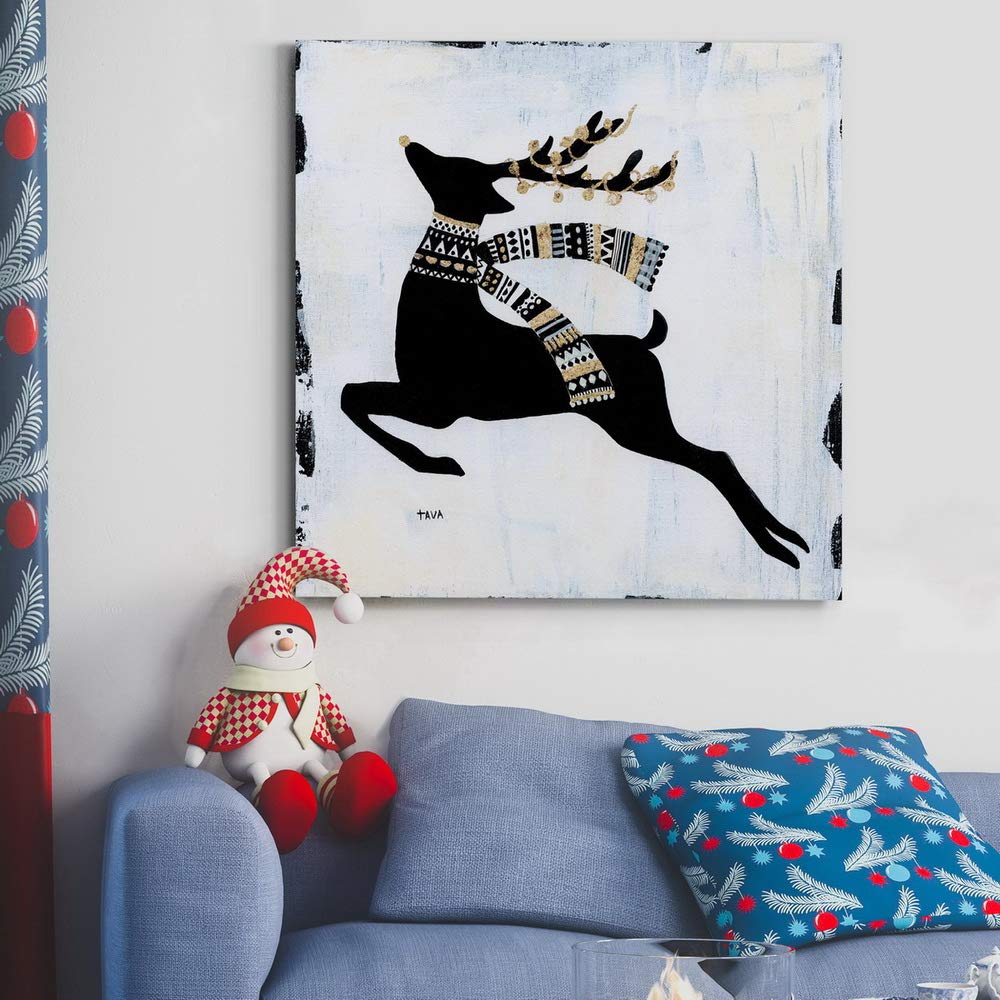 Renditions Gallery Christmas Reindeer Wall Art, Cute Winter Artwork, Black, Gold, & White, Tribal Patterns, Premium Gallery Wrapped Canvas Decor, Ready to Hang, 24 in H x 24 in W, Made in America
