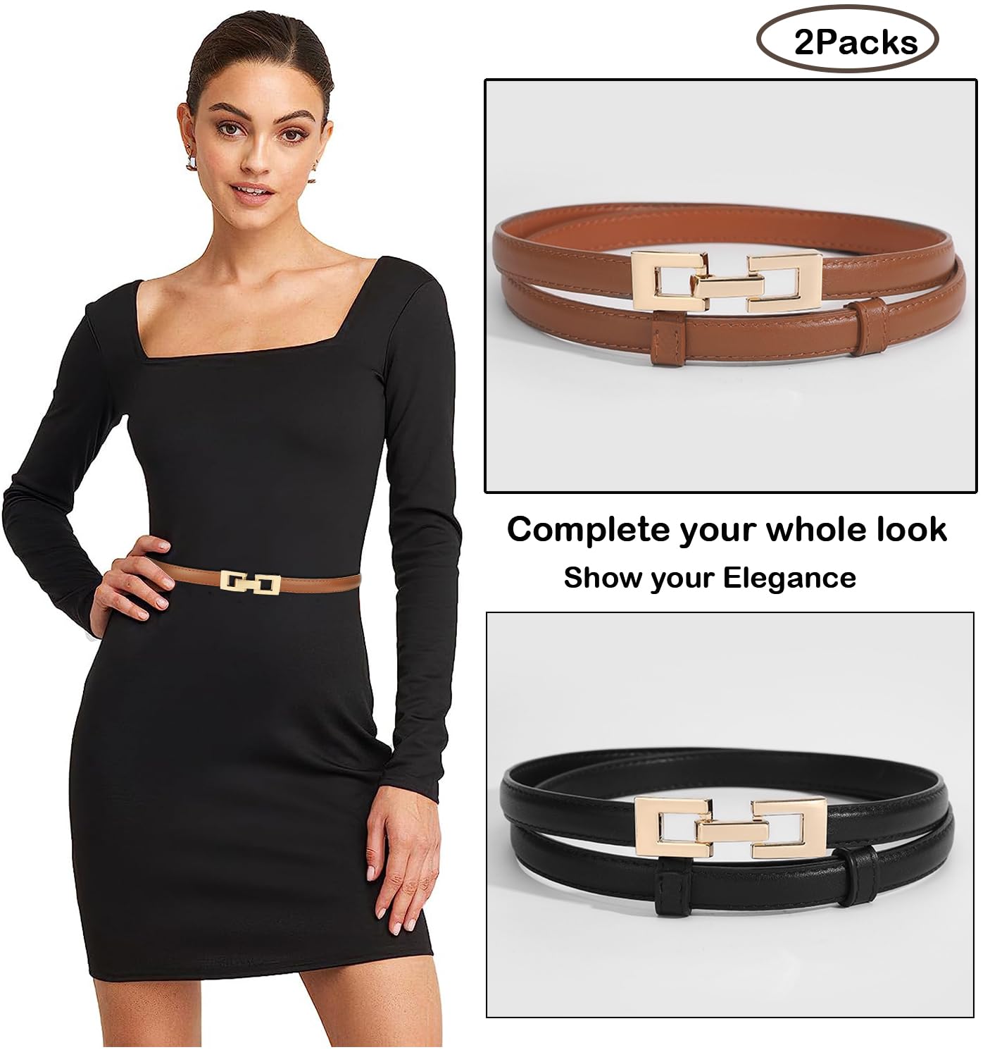 ALAIX 2Pack Skinny Leather Belts for Women Dress Belts Thin Waist Belt with Gold Buckle Adjustable Women's Belt