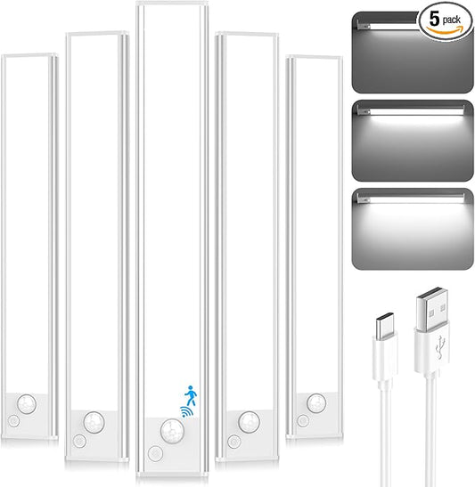 12'' Under Cabinet Lights, LED Rechargeable Battery Operated Motion Sensor Lights Indoor, 2500mAh Magnetic Wireless Closet Lights, Dimmable Under Counter Cupboard Night Light for Kitchen, Home, 5 Pack