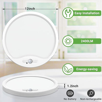 zemty 12inch 24W Motion Sensor Ceiling Light Wired, 3 Sensing Modes Motion Activated Closet Lights White, 3000K/4000K/6500K Waterproof LED Ceiling Lamp for Pantry Closet Shower Hallway-2Pack