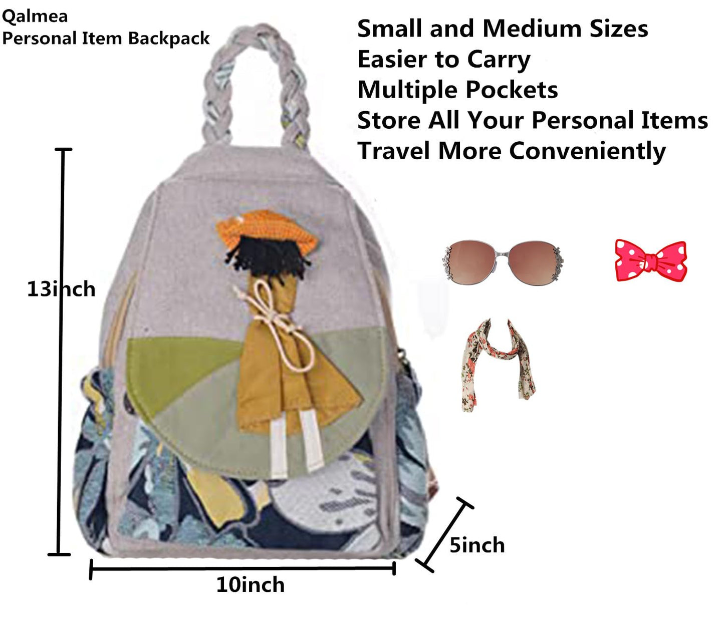 Qalmea Casual Mini Daypack for Girls Small Backpack for Women，Girl's Convertible Sling Bag Handmade Canvas Bags（Floral Patterns）