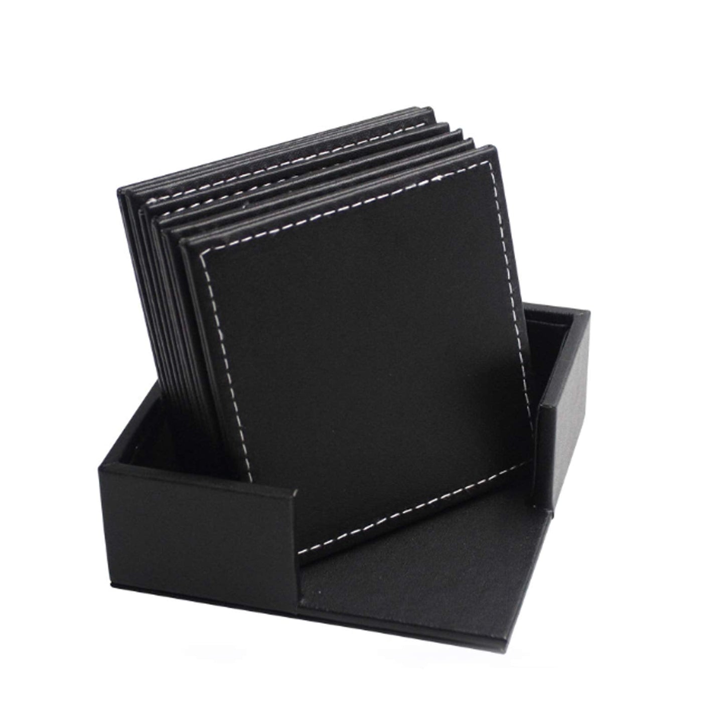 Semetall Drink Coasters 6 Pack Premium PU Leather Square Coasters for Drinks Heat Resistant Drinks Coasters with Coasters Storage Box Black Coaster Fit Common Size Drinking Glass(4"x4"x0.2")
