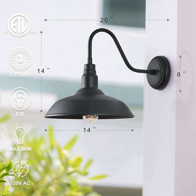 Gooseneck Barn Light with 14in Dome, 4 Pack Large Exterior Farmhouse Light with Wall Mount, Black Outdoor Wall Sconce for Porch Garage Door