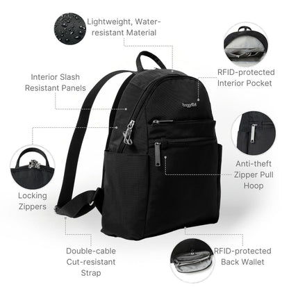 Securtex® Anti-theft Vacation Travel Backpack 10x13" Slash-Resistant Nylon Daypack w/RFID, Black