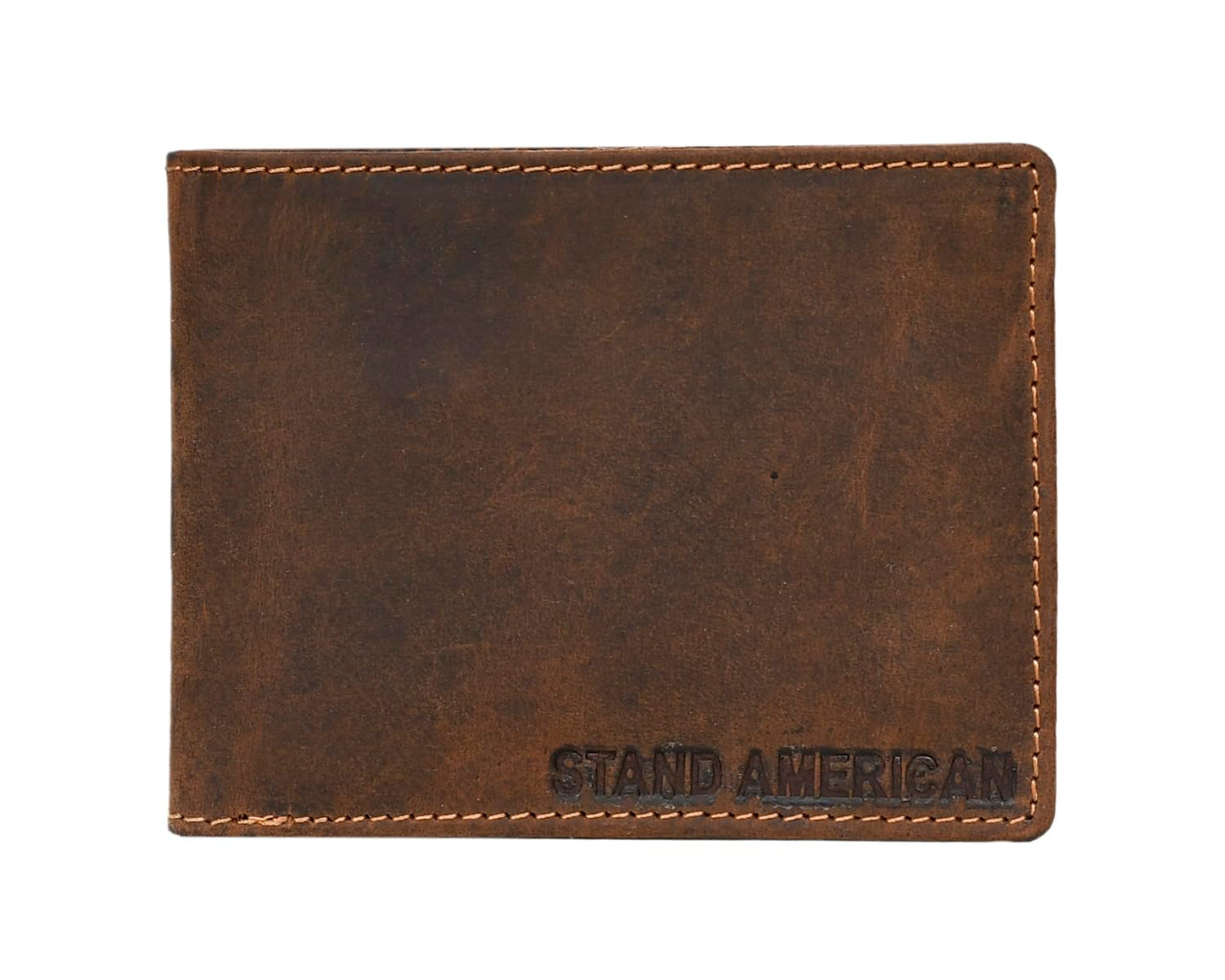 Stand American Men's Full Grain Hunter Leather Bifold Wallet with RFID Blocking - Slim Design with Total 7 Card Slots (2 Concealed Card Slots) ID Window & 2 Cash Pockets With Premium Stiching (TAN)