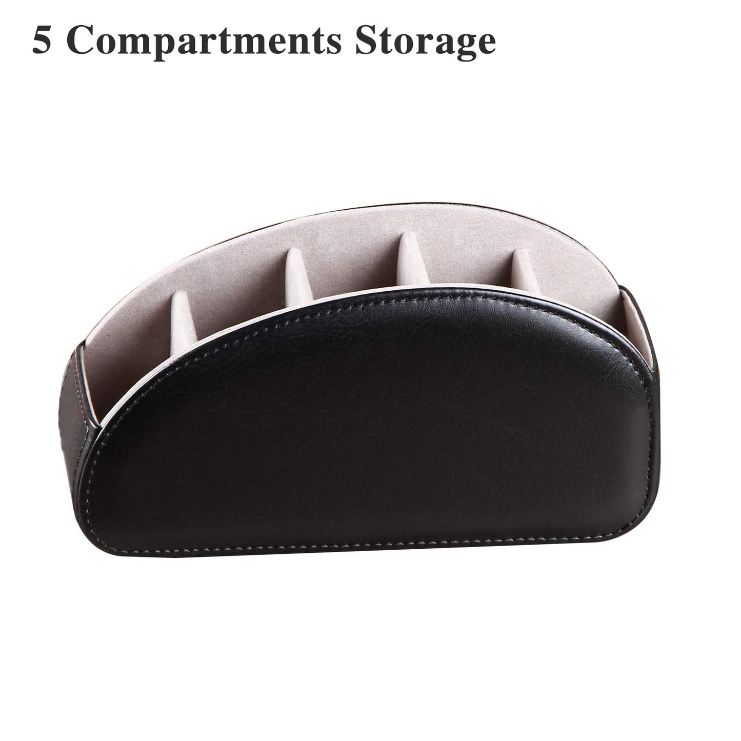 All-in-One Leather TV Remote Control Holder Black with 5 Compartments Nightstand Desktop DVD Media Player Remote Caddy Storage Box Organizer Tray For Makeup Brush Pen Stationary Table Controllers