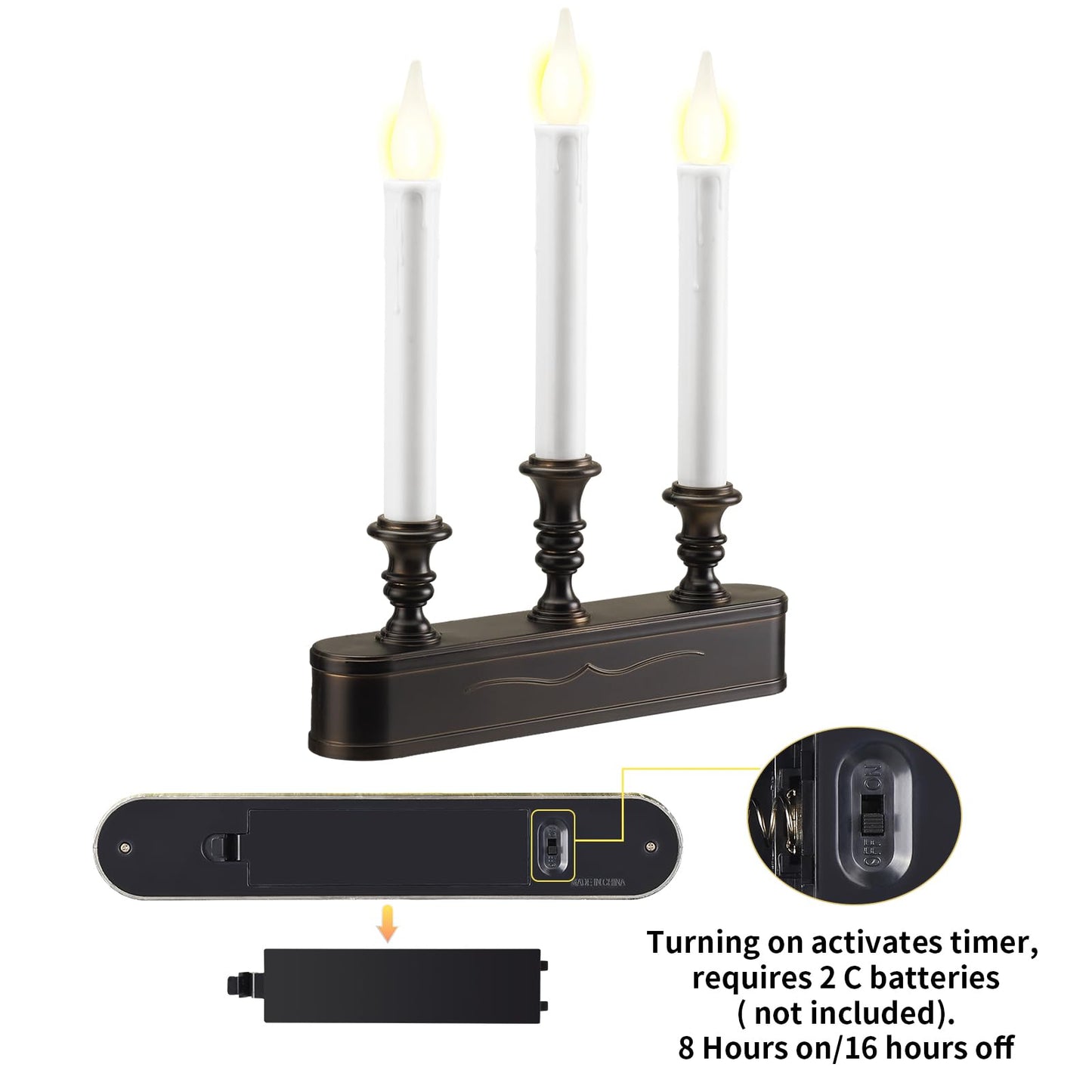 FGDECORJOIE Delicate Battery Operated Flicker Flame Black Antique 3 Tier LED Window Candelabra 11.5 Inch Hight with Automtically Recycle Timer 8 Hours On/16 Hours Off for Christmas New Year Festival