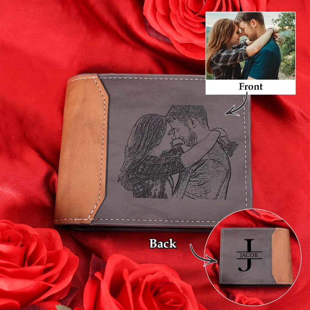 Amsgedhie Customized Wallet for Men Personalized Wallets for Men with Photo Name Bi-fold Leather Mens Wallet for Dad Boyfriend Grandpa Husband Birthday Christmas Valentines Gifts