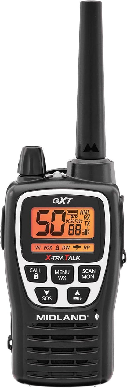 Midland GXT3000 GMRS Two-Way Radio - Long Range, 50 Channels, 142 Privacy Codes | Rechargeable, 2-Pack, Black/Silver