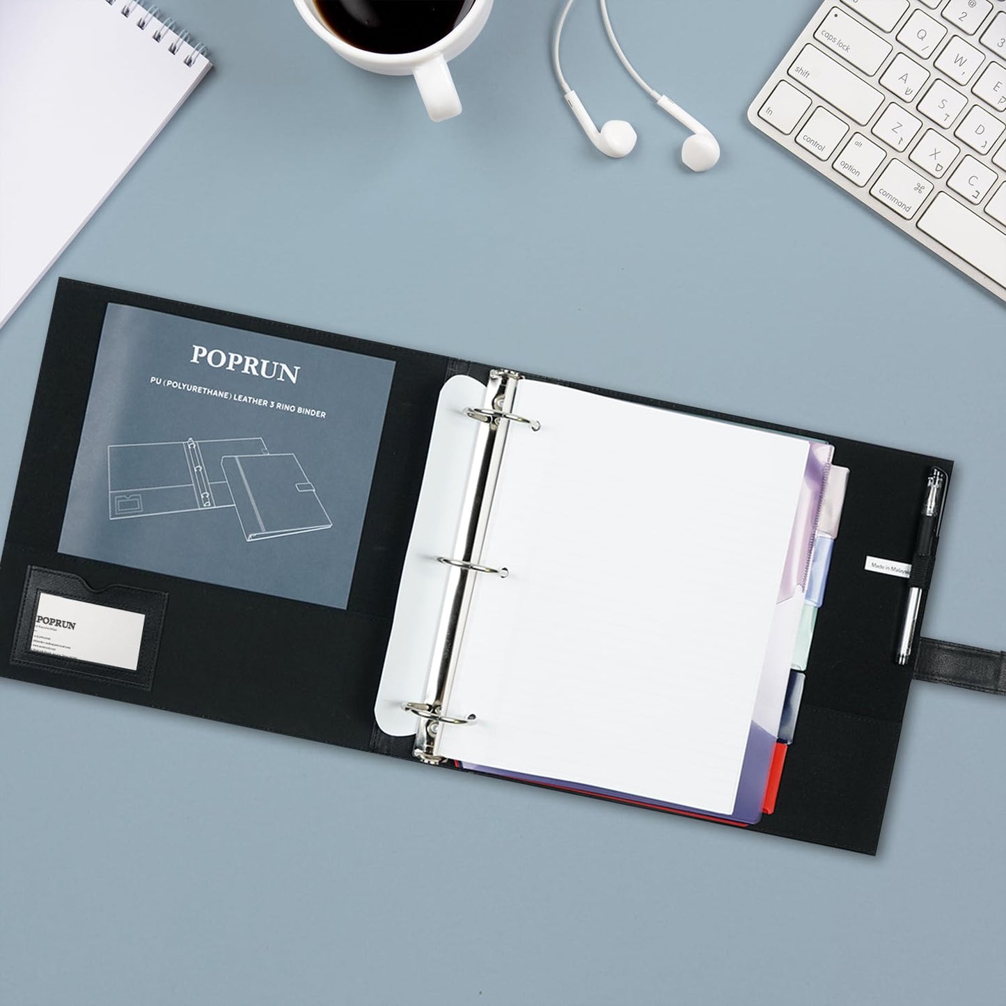 POPRUN PU Leather 1.5 Inch 3 Ring Binder, Professional Business Organizer- Includes PP Dividers, 100GSM / Grade AA Filler Papers, Card &Sticker for Tab- Ideal for Office Presentation Meetings, Black