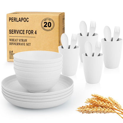 Wheat Straw Dinnerware Set 40-Piece Service for 8 Unbreakable Dishes Set Plates and Bowls Sets Drinking Glasses Microwave Safe Dish Set Lightweight Dinnerware Set for Home & Kitchen - Yellow