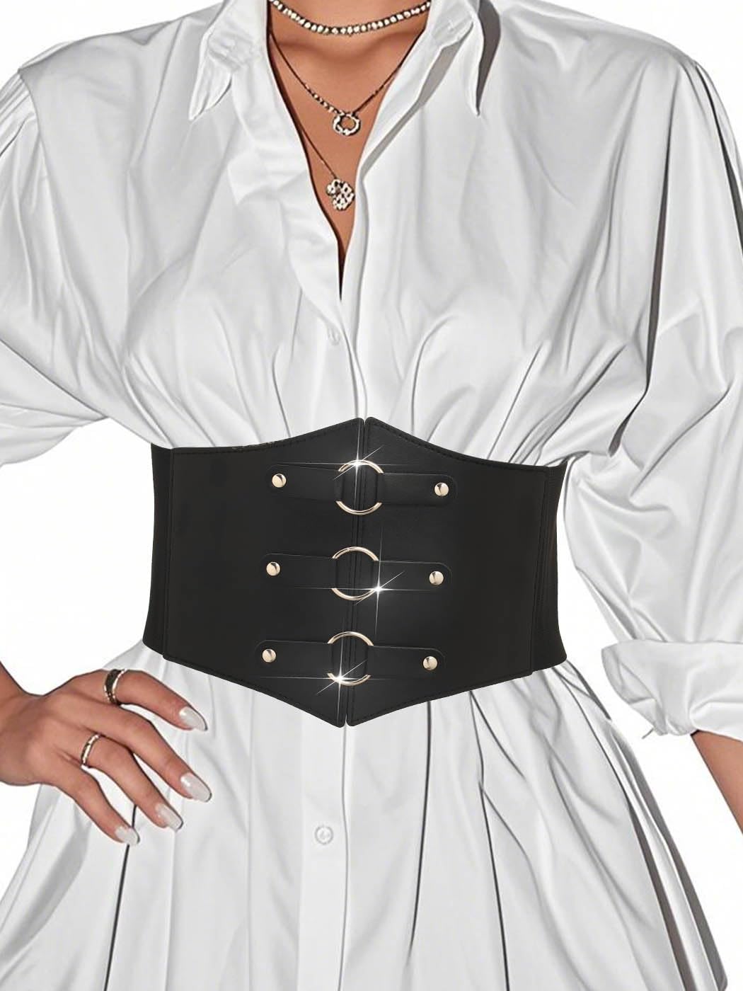 Urieo O-ring Black Corset Belt Leather Elastic Waist Cincher Belts Wide Stretch Halloween Costume Dresses Waspie Belt for Women