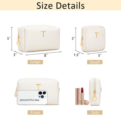 CLOUDWINGS Personalized Birthday Gifts for Women - Initial Makeup Bag Set Travel Toiletry Bag Cosmetic Bags Soft Waterproof PU Leather Makeup Pouch Travel Essentials (T, 2pcs Beige)