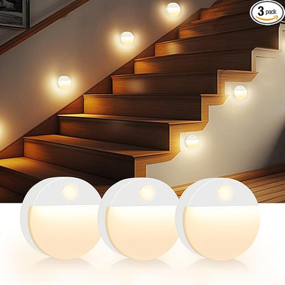 3 Pack Motion Sensor Stair Light for Indoor, Battery Operated Closet Lights, Led Stick On Puck Lighting Night Lamp, Motion Activated Lamps for Step, Cabinet, Hallway, Bathroom