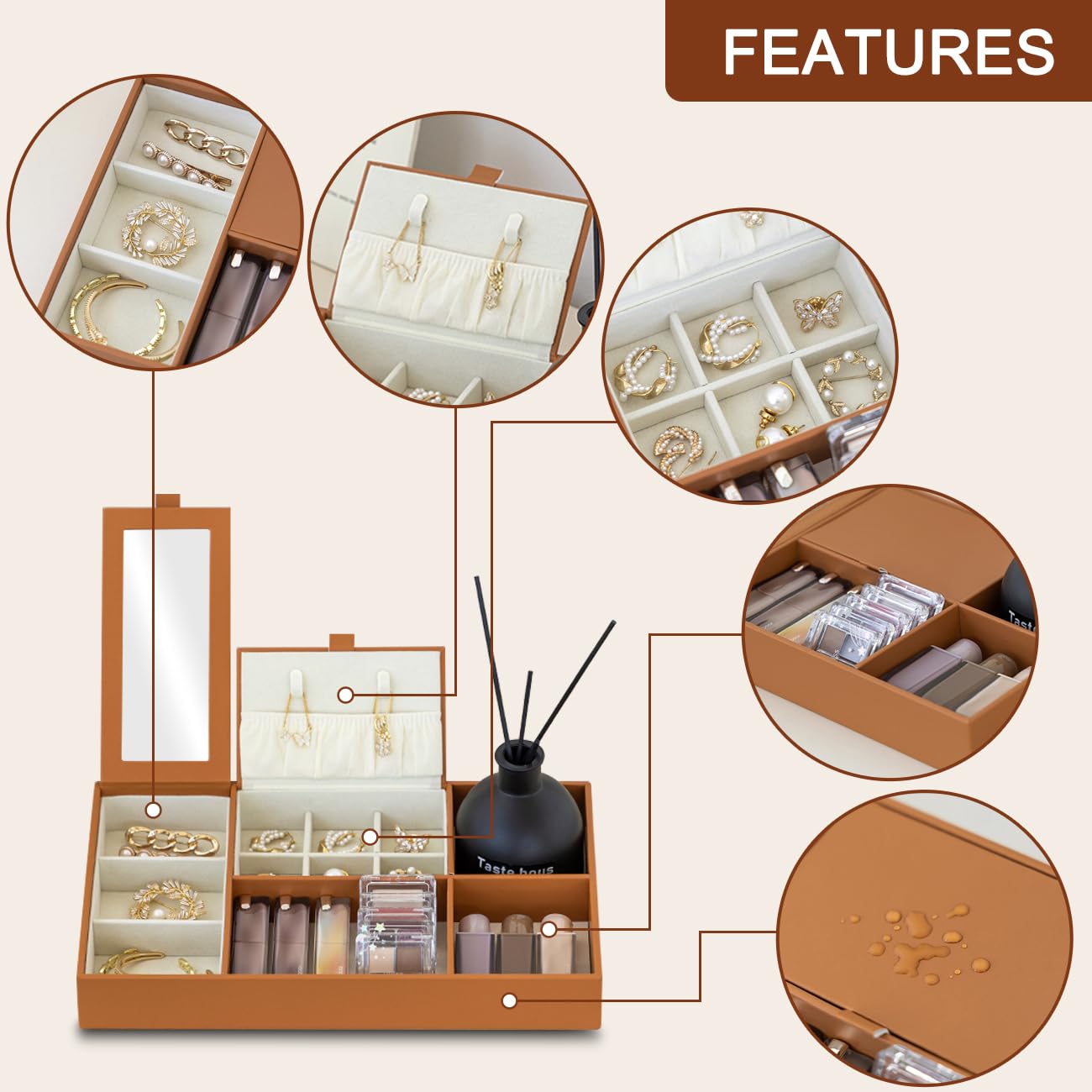 DAJYAWON PU Leather Valet Tray & Nightstand Jewelry Organizer - Multifunctional Catchall Dresser Top Box with Dust-Proof Flip Lid, Ring/Earring Compartments & Open Slots for EDC, Wallet, Keys, Watch
