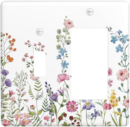 Rustic Wild Floral Vintage Watercolor Flower 2 Gang Combination Light Switch Cover Decorative Toggle Rocker/Decora Wall Plate Electrical Faceplate for Bathroom Kitchen Home Decor