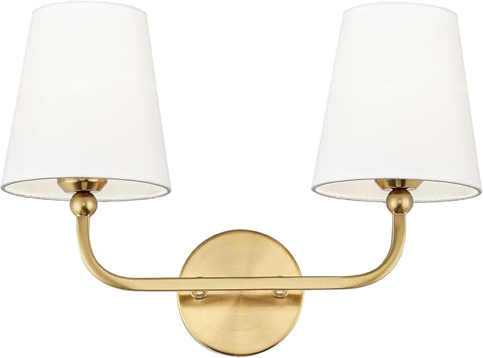2-Light Bathroom Light Fixtures, Brushed Gold Vanity Lights, Double Wall Sconce with Flared White Fabric Shade, Modern Sconces Wall Lighting for Hallway Bedroom Stairway, VL837-BG-2-S
