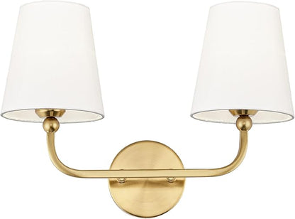 2-Light Bathroom Light Fixtures, Brushed Gold Vanity Lights, Double Wall Sconce with Flared White Fabric Shade, Modern Sconces Wall Lighting for Hallway Bedroom Stairway, VL837-BG-2-S