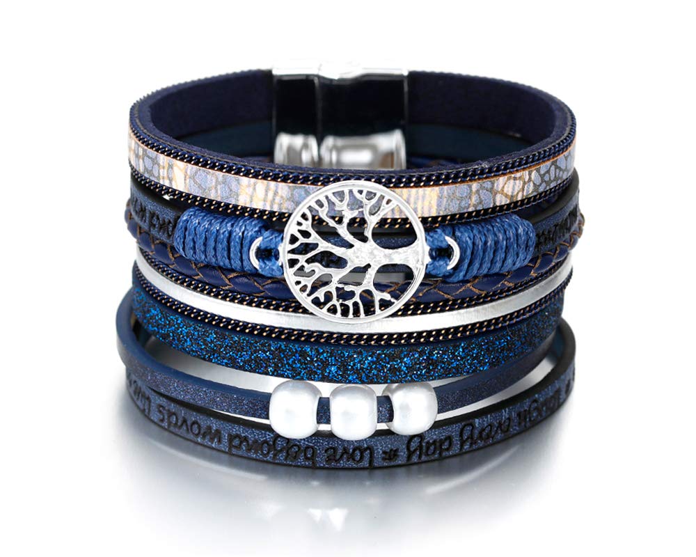 Fesciory Leather Wrap Bracelets for Women, Boho Leopard Multi-Layer Crystal Beads Cuff Bracelet Jewelry (Tree of Life(Blue))