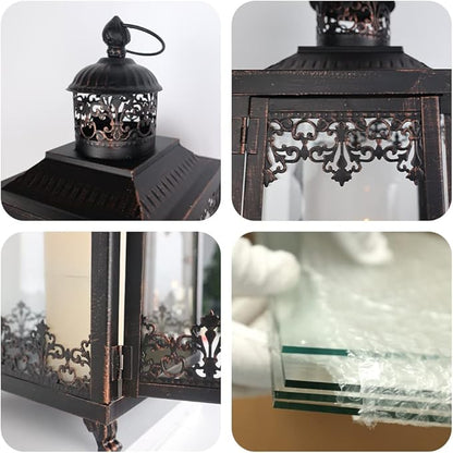 NEEDOMO Lanterns Decorative Outdoor & Indoor, Set of 2 Outdoor Lanterns for Porch,Large Candle Lantern, Bronze Metal Frame with Glass for Fall, Christmas