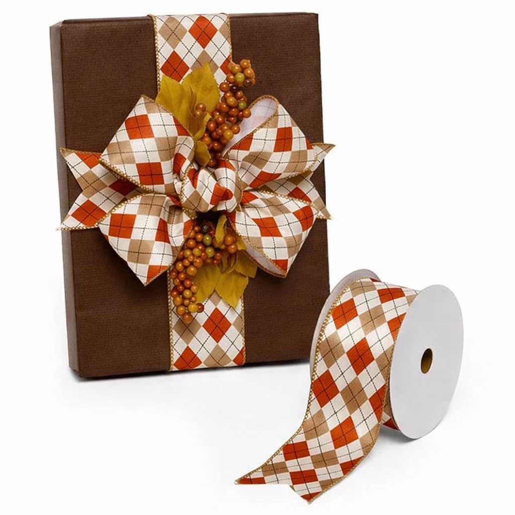Autumn Harlequin Plaid Decorative Ribbon - 2 1/2" x 10 Yards, Wired Edge, Orange, Brown, White, Black Stitched, Fall Decor, Halloween, Thanksgiving, Christmas, Farmhouse, Garland, Gifts, Wreath, Bows