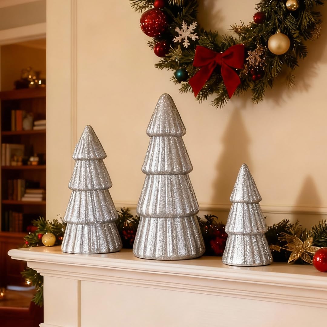 Joyhalo Tabletop Christmas Trees, Set of 3 Frosted Christmas Trees Indoor Xmas Decoration Centerpieces for Table, Mantel, Holiday, Party and Home Decor, Silver