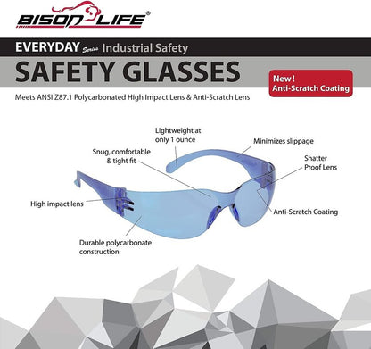 BISON LIFE Clear Safety Glasses - ANSI Z87.1 Scratch & Impact Resistant Eye Protection | Unisex Goggles