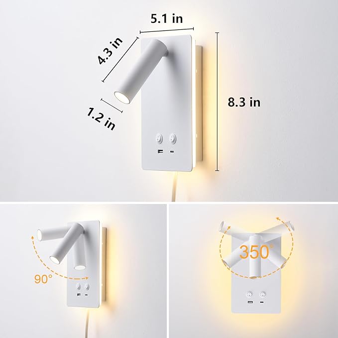 LED Wall Lamp Wall Mounted Reading Lights with 3 Brightness Dimmable, Adjustable Headboard Plug in Wall Sconce with USB C+A Ports, Bed Side Lamp with 9W+3W Night Light 3000K