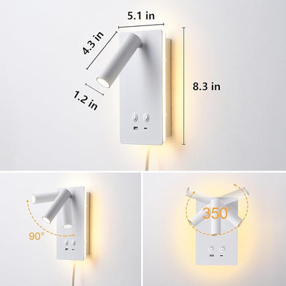 LED Wall Lamp Wall Mounted Reading Lights with 3 Brightness Dimmable, Adjustable Headboard Plug in Wall Sconce with USB C+A Ports, Bed Side Lamp with 9W+3W Night Light 3000K
