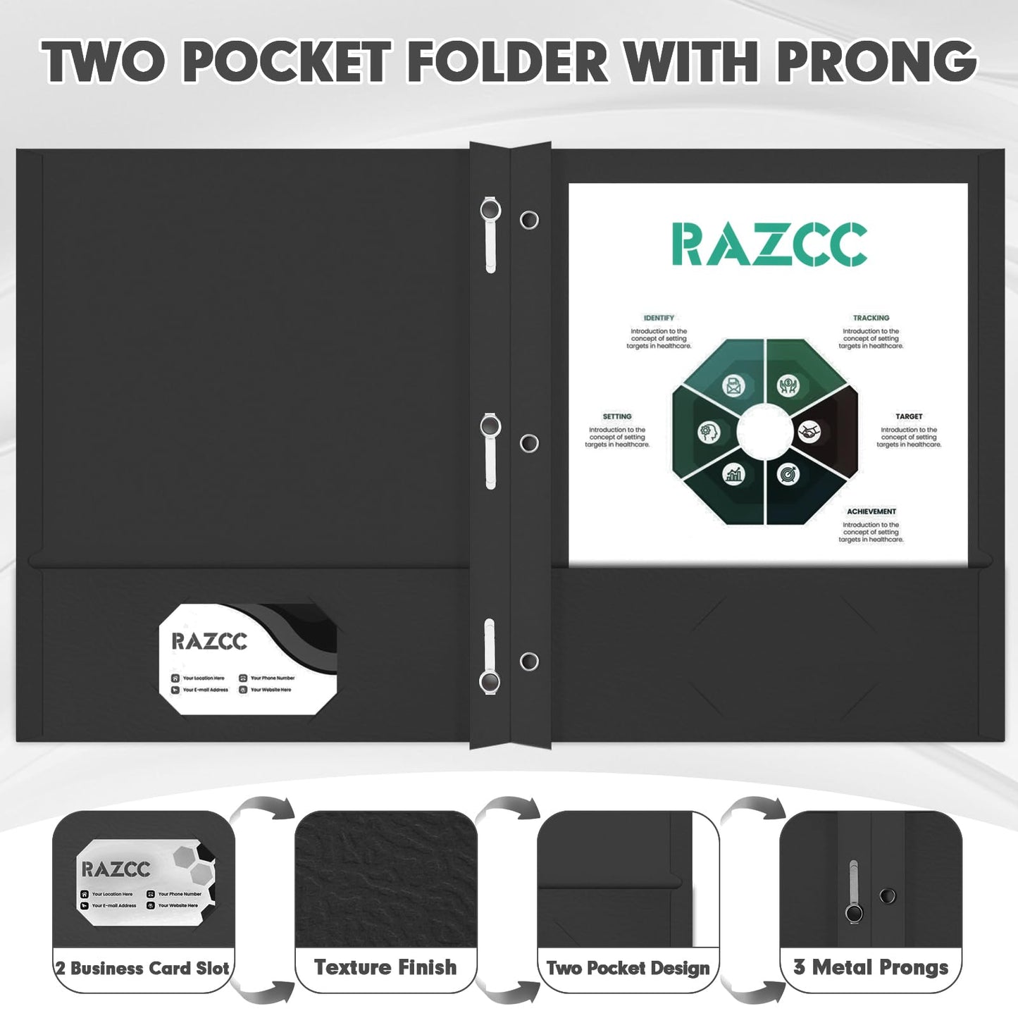 Two Pocket Folders, RAZCC 75 Pack Two Pocket Folders with Prongs, 3 Prong Folders Fit Letter Size Paper, Pocket File Folders for School Office Home Business, Black