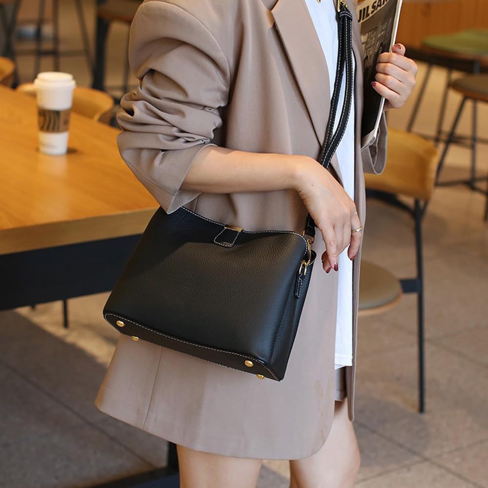 Leather Bucket Bag for Women, Soft Crossbody Top-handle Purse with 2 Style Adjustable Straps, Spacious Daily Handbag for Work, Black