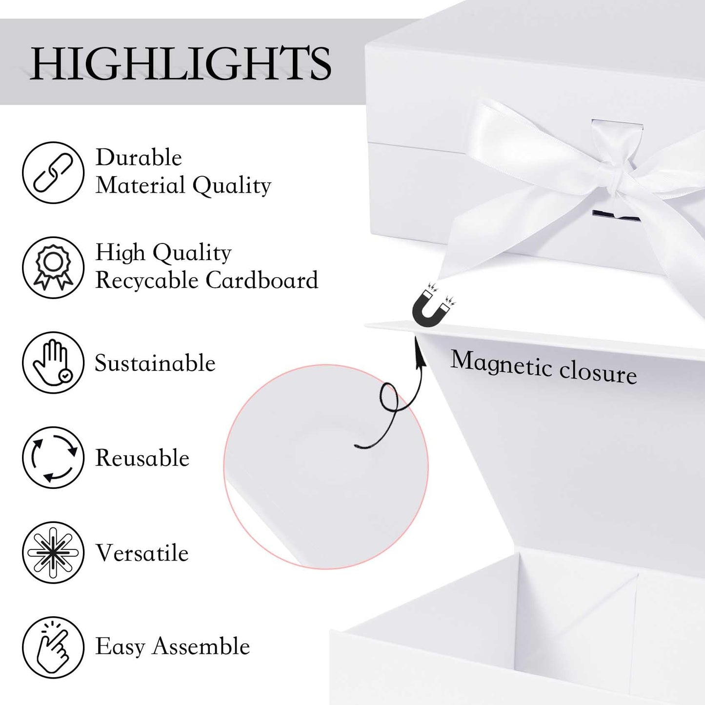 LFBOX White Gift Box with Ribbon Magnetic Lids 10.2x9x3.74 in, Christmas Gift Boxes Bridesmaid Groomsman Proposal Boxes, Wedding Storage Box 2 Pack