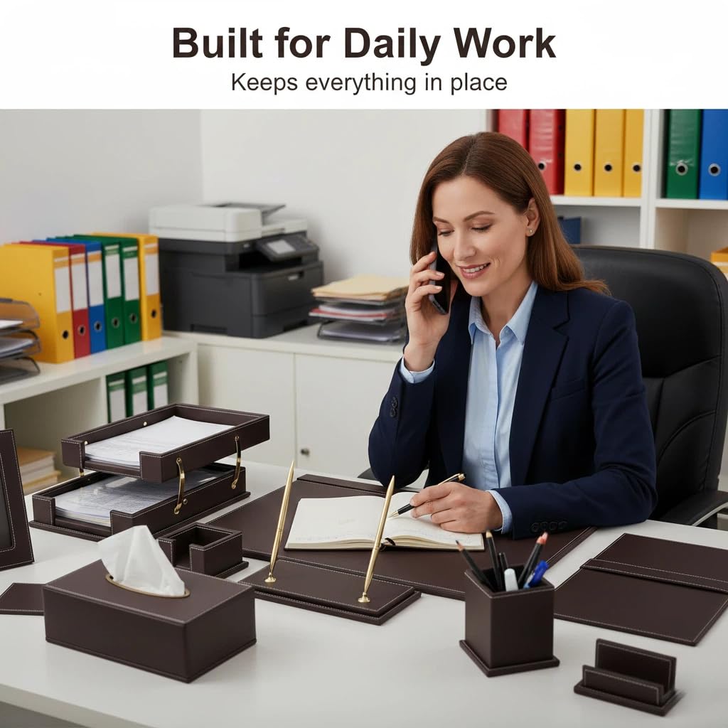 RitPin Desk Set, 11-Piece All-in-One – Executive Desk Accessories & Office Supplies, Leather Desk Organizer with Desk Pad & Blotter, 2-Tier Letter Tray, Luxury Office Desk Decor & Boss Gifts (Brown)