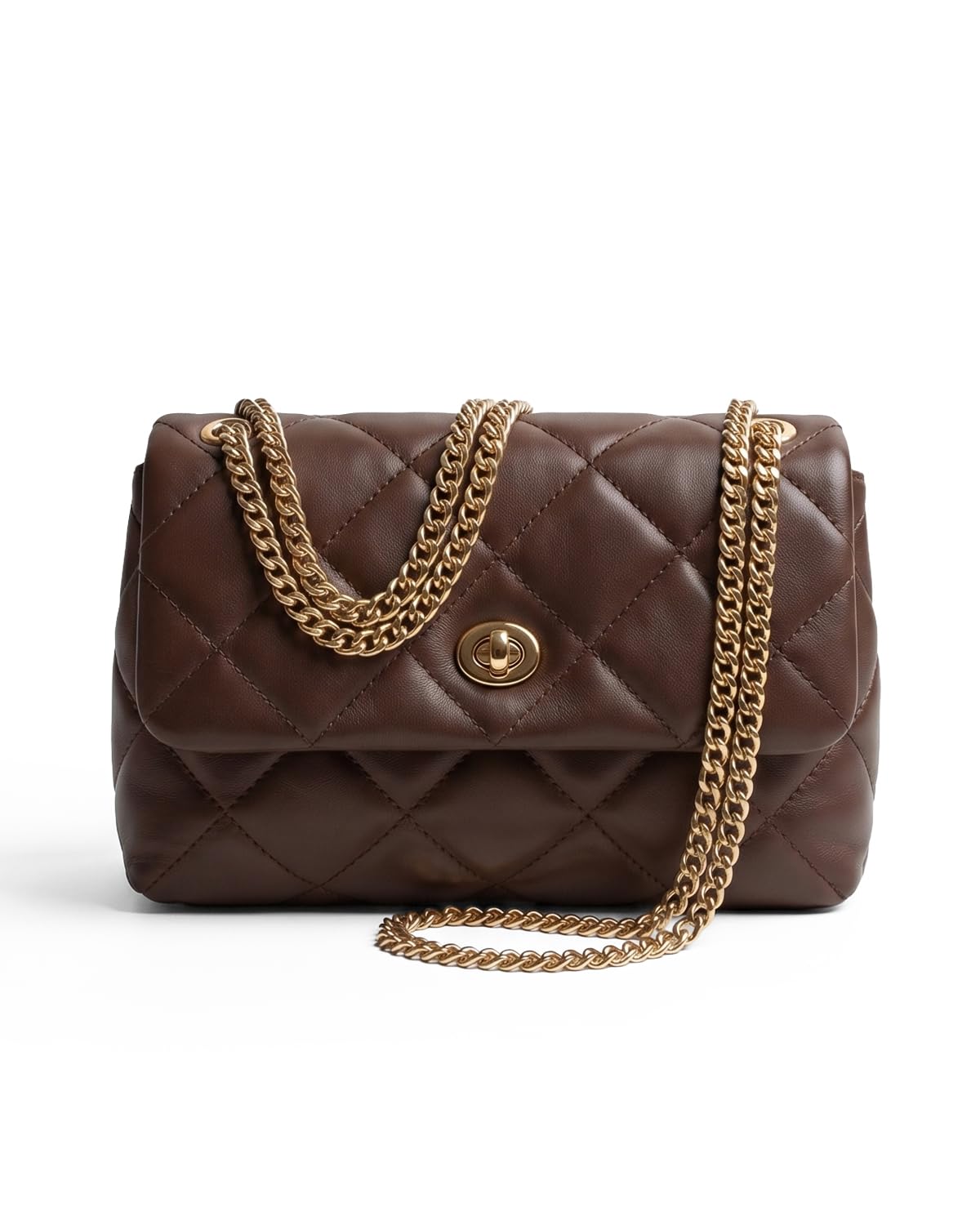 Apryl Quilted Crossbody Bags for Women - Shoulder Bag with Chain Purse Strap - Small Trendy Soft PU Vegan Leather Designer Purses - Chocolate Brown