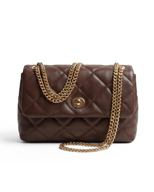 Apryl Quilted Crossbody Bags for Women - Shoulder Bag with Chain Purse Strap - Small Trendy Soft PU Vegan Leather Designer Purses - Chocolate Brown