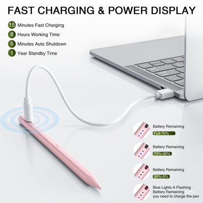 Pen for iPad 2018-2025, HATOKU 15 Mins Fast Charging Pencil 1st Gen with Tilt & Palm Rejection Compatible with iPad Air 3/4/5/M2/M3, iPad mini 5/6/7, iPad 6/7/8/9/10/11, iPad Pro 11"/12.9"/M4 (Pink)