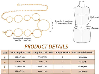 Putcuku Fashion Waist Chain for Women Boho Metal Chain Belts for Jeans Dress (O-ring Gold-XL)