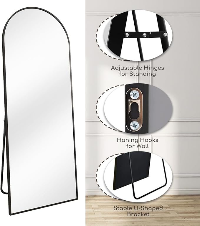 Arched Floor Mirror, 64 "x 21" Full Length Mirror Wall Mirrors Hanging or Leaning Arched-Top Full Body Mirrors with Stand for Bedroom, Dressing Room, Black
