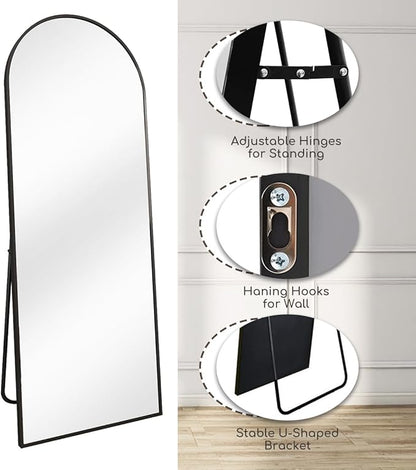 Arched Floor Mirror, 64 "x 21" Full Length Mirror Wall Mirrors Hanging or Leaning Arched-Top Full Body Mirrors with Stand for Bedroom, Dressing Room, Black