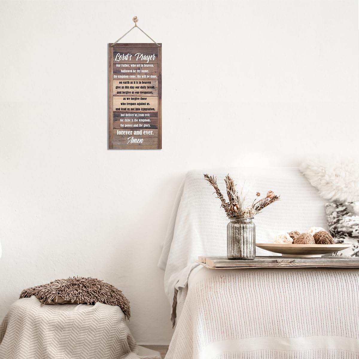 Lord's Prayer Hanging Sign - Christian Decor Wall Plaque, Rustic Door Sign With Hanging Rope, Religious Artwork, Farmhouse Door Hanger, Home Wall Decor, Gift, Brown