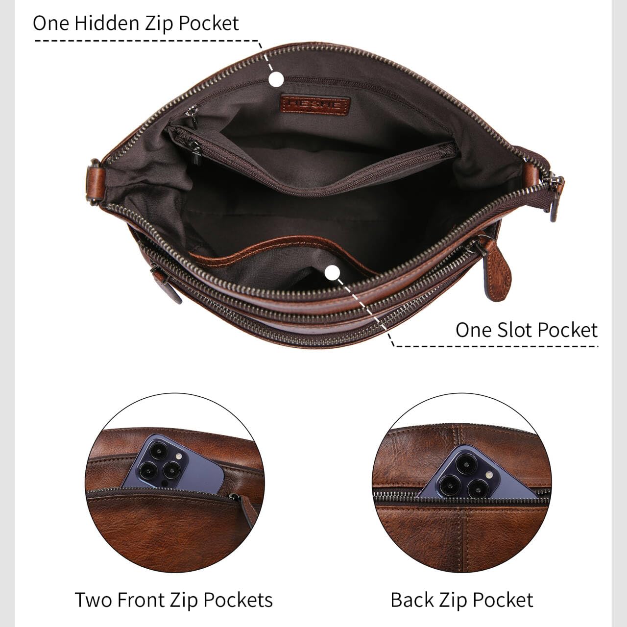 HESHE Crossbody Bags for Women Leather Purses with Multi-Pockets Vintage Cross-body Bag Ladies Small Satchel Shoulder Handbags Hobo Bag (Coffee)
