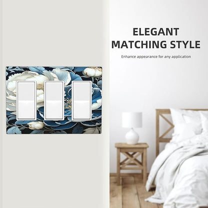 White Blue Flower Peonies 3 Gang Rocker Triple Outlet Wall Plate Decorative Switchplate Cover Faceplate GFCI Light Switch Covers for Farmhouse Living Decor