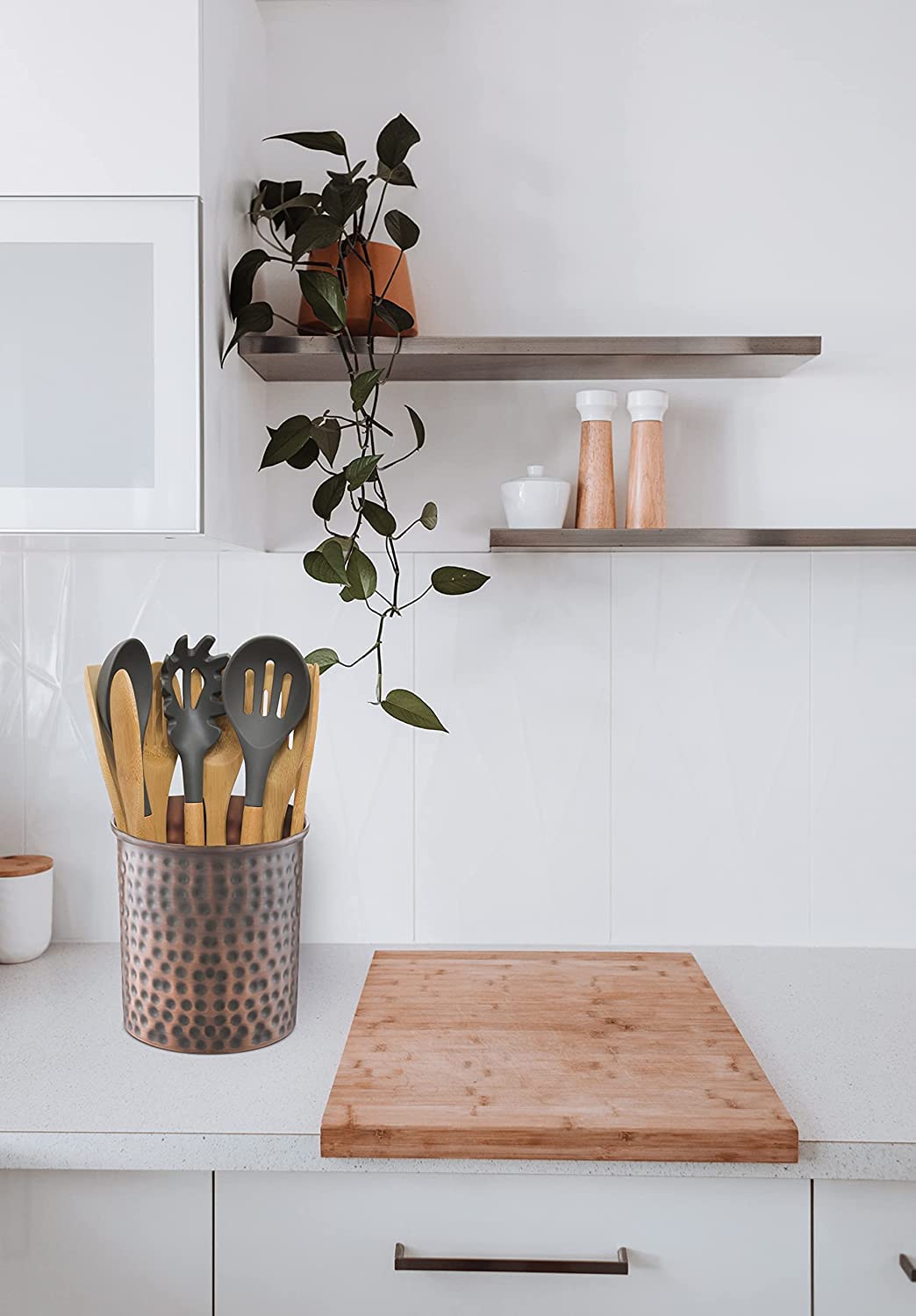 Monarch Abode Kitchen Utensil Holder – Hand Hammered Metal Antique Copper Utensil Holder, Decorative Utensil Crock for Kitchen Counter, Cooking Tool and Spatula Holder for Countertop, Caddy Organizer