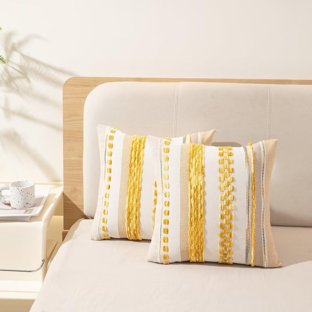 WANLIRD Boho Throw Pillow Covers 18x18 Set of 2 Farmhouse Decorative Cushion Case Striped Square Pillows Cover Chenille Pillow Cases Accent Neutral Pillowcase for Sofa Couch Bed,Yellow