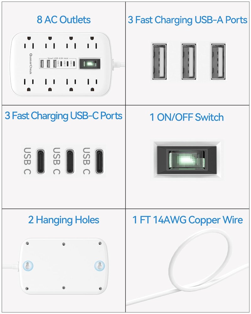 Short Extension Cord 1 ft, Small Power Strip Flat Outlet Extender Surge Protector with 8 AC Outlets 6 USB (5V/4.8A 24W), Mini Extension Cord Flat Wall Plug for Home Office Dorm Kitchen Bathroom