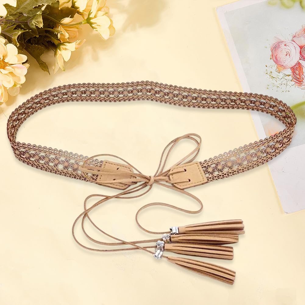 CALFOVERA Woven Knotted Waist Belt PU Leather Boho Tassel Waistband 66.54 x 1.12 Inch Vintage Bohemian Hollow Belt with Wax Rope Western Ethnic Macrame Waistband for Women Dress Skirt (Bisque)